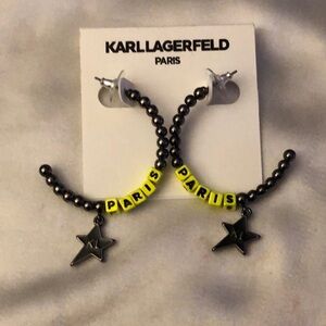 Karl Lagerfeld Hematite Tone Beaded C-Hoops Yellow Paris & Logo Star Charm NWT